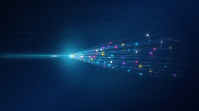 Light rays diverging from a central glowing core with binary sequences scattered on a dark blue gradient, representing information dispersion and connectivity.
