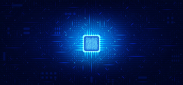 Blue style semiconductor chip with circuit lines microchip network abstract. Digital semiconductor AI processor concept bg. IT motherboard modern background with electronic connections. Vector