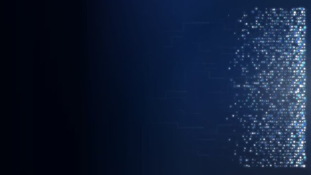 Abstract cluster of glowing blue and white particles dissipating on a dark gradient, featuring faint grid line patterns, representing data stream or connectivity.
