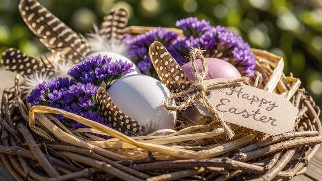 Delicate Woven Easter Basket Adorned with Purple Flowers, White Eggs, and Butterflies in Gentle Spring Light