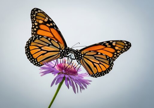 Striking monarch butterfly with brilliant orange wings rests gently upon a vibrant purple bloom, actively feeding on sweet nectar, purple, nature, migration