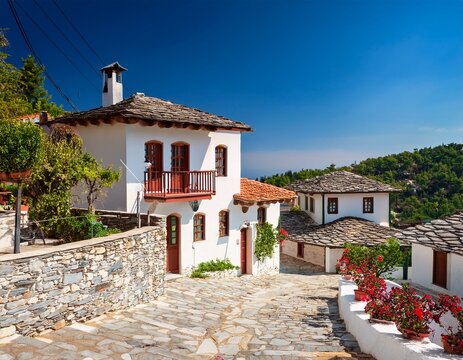 panagia traditional village and tourist attraction on thasos island thassos all houses are white with a stone roof