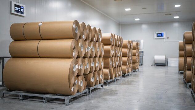 Medium shot focusing on neatly stacked jumbo paperboard rolls on low shelving units inside a bright temperatureregulated storage facility.