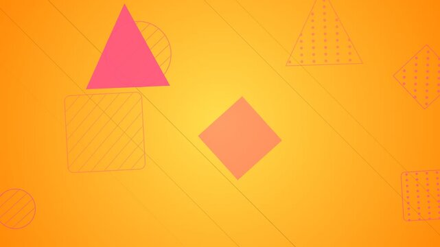 Minimalist geometric pattern on bright yellow and orange gradients featuring flat triangles, squares, and circles with line, dot, and grid textures.
