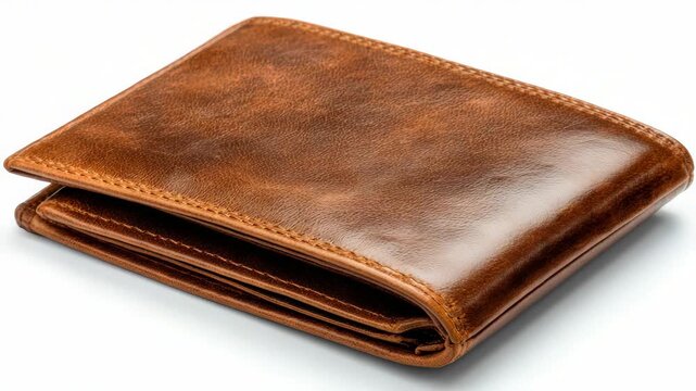 Brown leather wallet isolated on white background, classic bifold design for men, high quality accessory for personal finance and money storage