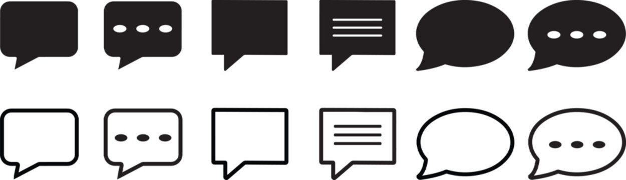 A collection of twelve speech bubble in rectangular and rounded shapes, featuring solid and outline styles with dots or lines to represent chat, messaging, and communication