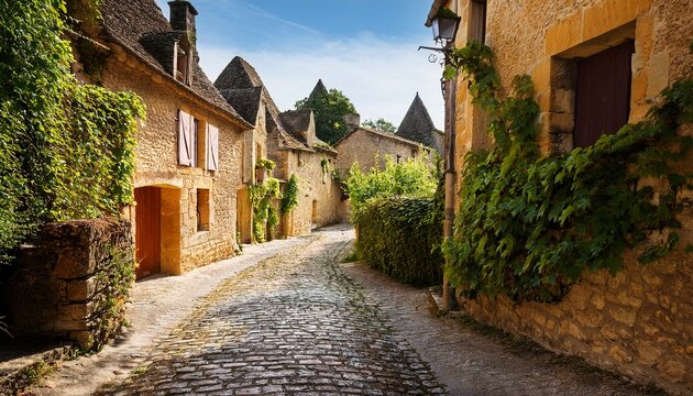 cobblestone street in the village of beynac et cazenac dordogne france with medieval stone houses and leafy climbing vines