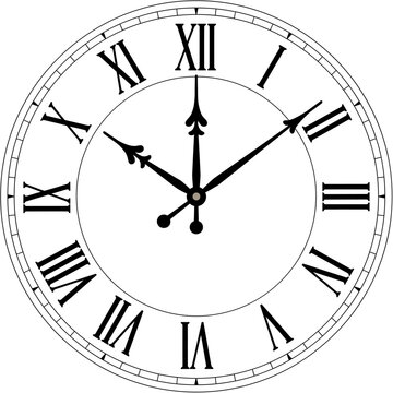 Analog clock face with Roman numerals on white background