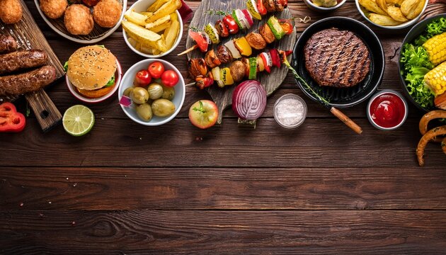 summer bbq food top border hamburgers meat skewers potatoes fruit and snacks overhead view on a dark wood banner background copy space