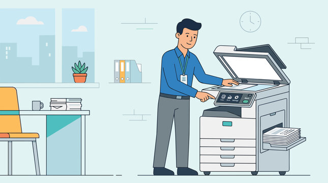 Office worker using a copier machine for scanning and printing documents in a modern office setting