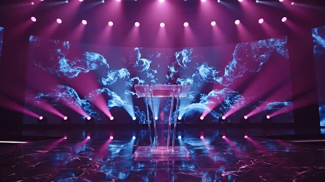 Dramatic Blue Phase Lighting Illuminates a Circular Stage Beneath Intense Overhead Spotlights and Projections