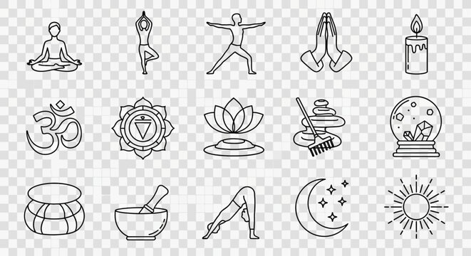Yoga and Meditation Line Icon Set for Mindfulness, Wellness, and Spiritual Health Balance