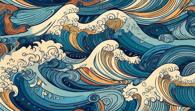 seamless pattern in hand drawn doodle sketchy style with ocean waves surf posters banners for summer sea side vacation backgrounds and prints