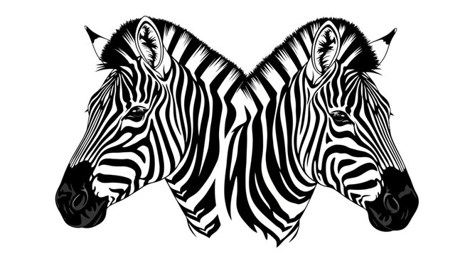 Mirrored Black and White Zebra Head Illustration in High Contrast Graphic Style for Creative Design