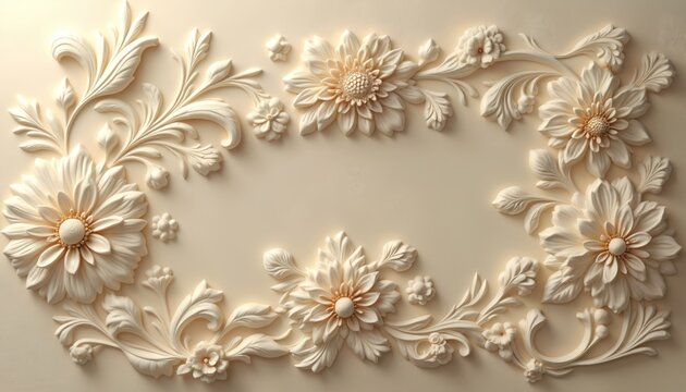 Ornate cream floral bas-relief carving adorns pale background. Delicate embossed petals form swirls and blooms, creating elegant decorative texture for beauty or luxury brands.