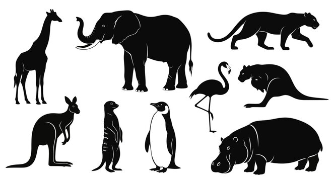 Collection of Wild Animal Silhouettes Featuring Elephant Giraffe Hippo and Other Exotic Wildlife