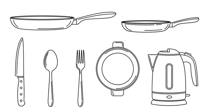 Minimalist Outline Collection of Kitchen Utensils and Cooking Equipment for Culinary Preparation and Home Dining