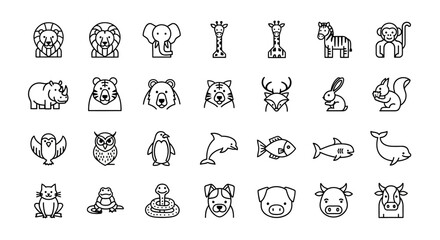 Set of Linear Animal Icons Featuring Diverse Wildlife Species and Aquatic Creatures for Nature and Educational Projects © Awais