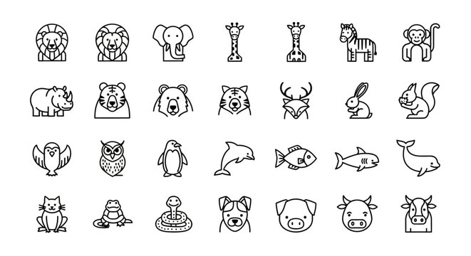 Set of Linear Animal Icons Featuring Diverse Wildlife Species and Aquatic Creatures for Nature and Educational Projects