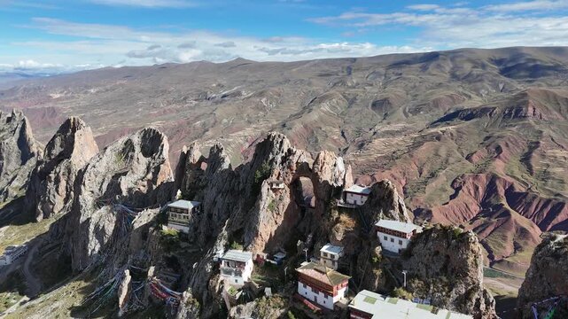 Aerial view of Zizhu Temple in the mountains of Tibet, China