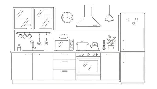 Modern kitchen interior sketch featuring minimalist furniture cabinets appliances and utensils for home design projects and culinary creative illustrations