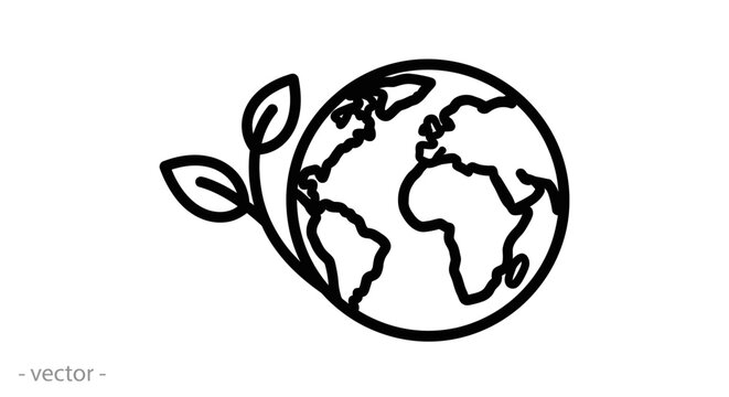 Minimalist vector line icon of Earth globe with growing leaf sprout symbolizing global environmental protection and ecology sustainability