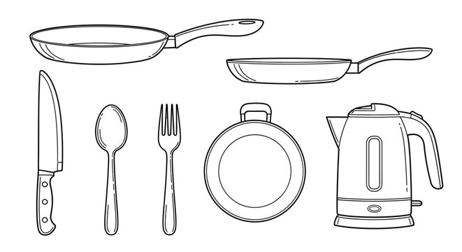 Kitchen utensil outline icons set with pan kettle pot knife fork and spoon vector line art