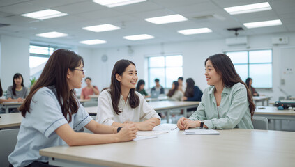 Fototapeta premium 明るい教室で日本人学生がゼミの休憩中に話す様子