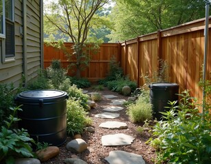 Obraz premium Eco-friendly backyard with wooden fence and rainwater barrels. Green plants and stone pathway through garden. Native plants and trees. Sustainable design for outdoor eco-conscious living.