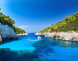 Naklejka premium paxos island panorama with boat entering the grand canal