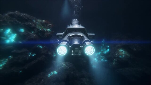 深海をハイスピードで潜航する深海探査艇のフロントビュー