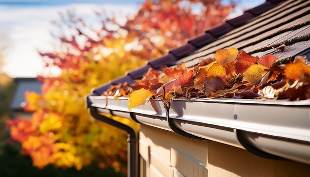 closeup of house rain gutter clogged with colorful leaves fall from trees in fall concept of home maintenance and repair