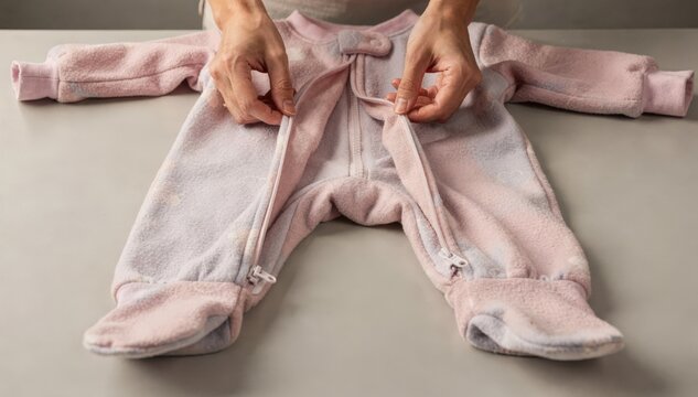 Footage showing the zipper construction process of a cozy footed pajama with safety zipper guards emphasizing the smooth front zipper mechanism in a childfriendly fleece fabric.