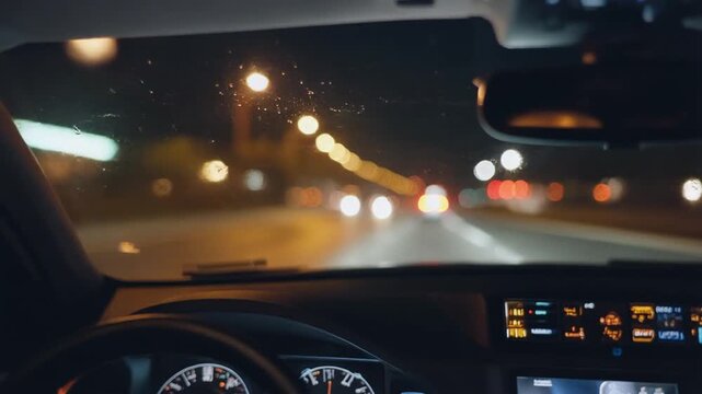 暗い夜の高速道路をハイスピードで走行する高級車の主観映像