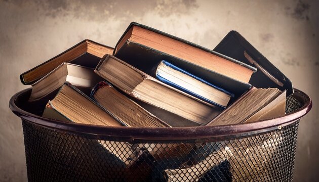 old school books thrown away in a garbage bin