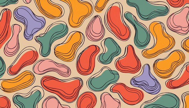 colorful liquid blobs and organic shapes on beige background trendy pattern in doodle style minimalist design with basic shapes