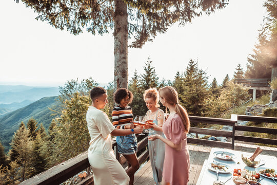 Friends toasting wine on mountain cabin deck