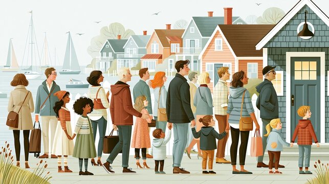 A lively neighborhood polling place near a harbor, with families and young professionals arriving on foot, coastal homes and sailboats softly blurred behind. Friendly, optimistic mood in bright