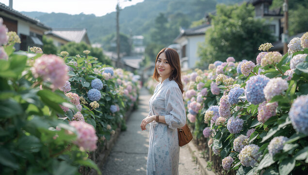 紫陽花の小径を歩く日本人女性の初夏の観光風景