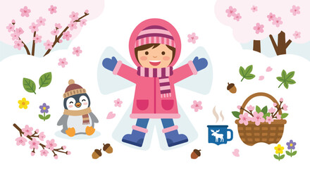 Naklejka premium A happy girl makes a snow angel amidst cherry blossoms, a cute penguin, and winter treats in a charming, seasonal illustration.