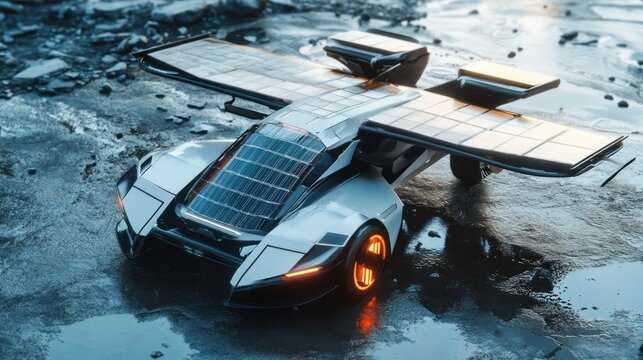 Futuristic Car with Solar Panels on Water.