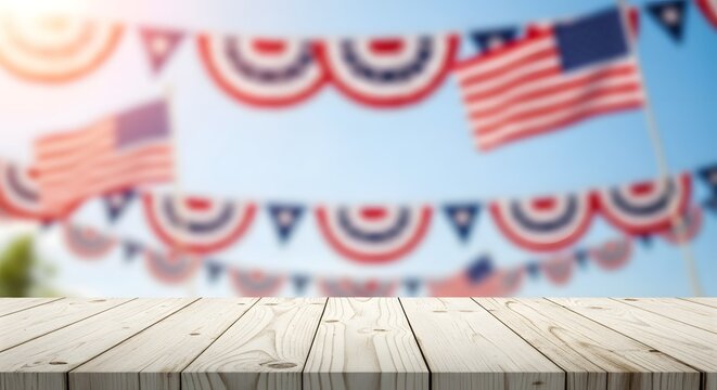 Wooden table with American flag and patriotic bunting background