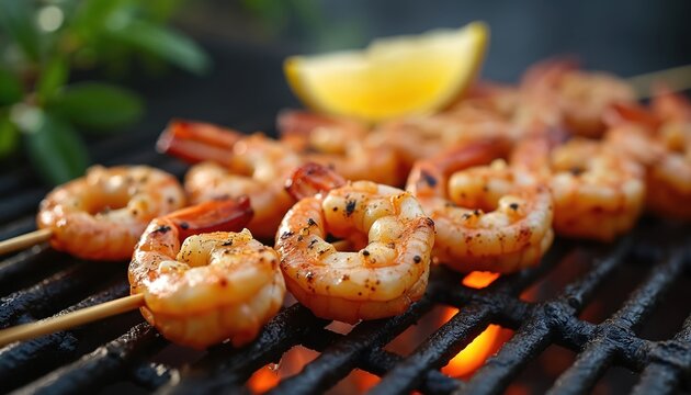 Shrimp skewers cooking on hot grill with smoke and flames. Juicy prawns seasoned with herbs and spices alongside lemon wedge. Delicious summer seafood barbecue outdoor meal.