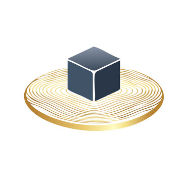 Blue Cube on Golden Circular Base 3D Render