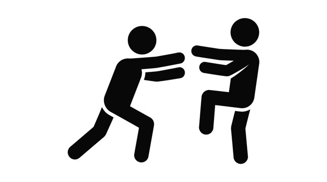 Minimalist black vector illustration showing two stick figures interacting in a dynamic and playful manner