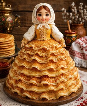 Doll in pancake dress with traditional russian attire on table