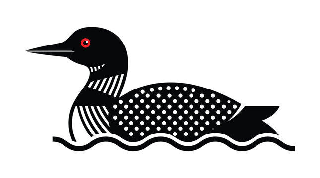 Minimalist vector illustration of a stylized black loon bird featuring sharp lines and red eyes