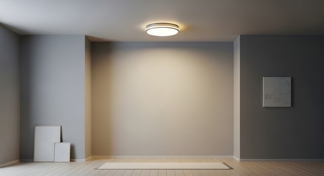 Modern empty minimalist living room interior featuring round ceiling light and rectangular wall art interior minimalist lighting