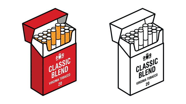 Flat vector illustration of a red pack containing classic blend virginia tobacco cigarettes for branding