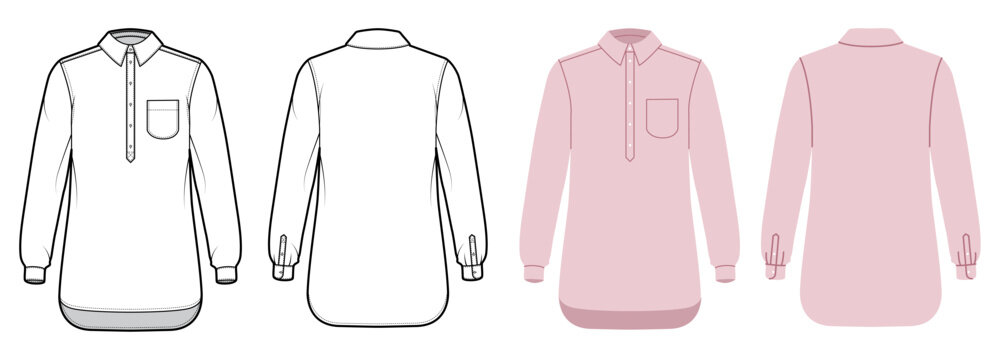 Long shirt with chest pocket, henley button closure relaxed silhouette with curved hem and cuffed sleeves. Technical fashion illustration in black and white color, front and back views. Vector
